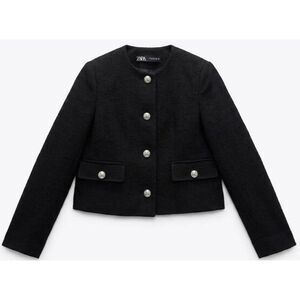 Zara Black Cropped Bouclé Blazer with Decorative Buttons